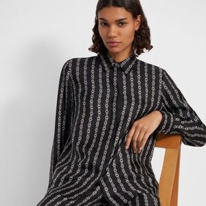 Theory Straight Shirt in Chain Print 100% Silk Twill Black White Sz L